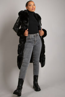 Black PU Fur Trim Coat