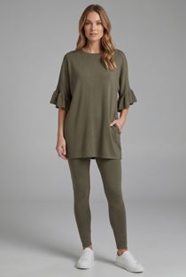 Khaki Ribbed Frill Sleeved Top & Trouser Set