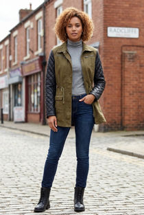 Khaki Textured PVC Sleeve Zip Up Jacket