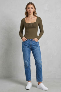 Khaki Pleated Low Neck Ribbed Long Sleeve Top