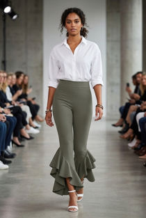 Fitted Crepe Draped Frill Hem Trouser In Grey