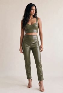Khaki PU Crop Top And Trouser Set