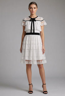 Crochet Mesh Insert Front Tie Up Day Dress in WHITE