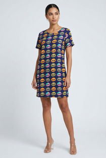 Lips Print Shift Dress in Blue