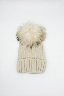 Beige Knitted Natural Fur Bobble Hat 