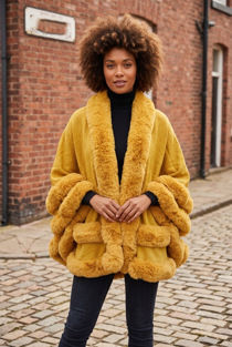 Yellow Faux Fur Cape Shawl Pullover