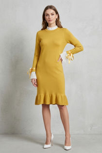 Mustard Ribbed Ruffle Hem Midi Dress