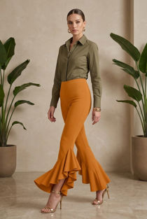 Fitted Crepe Draped Frill Hem Trouser In Mustard
