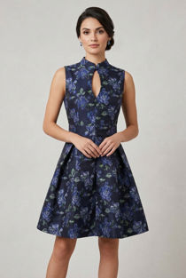 Navy Pleated Floral Skater Dress