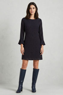 Navy Contrast Polka Dot Bell Sleeve Shift Dress