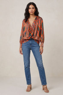 Coral Satin Printed Cowl Neck Blouse