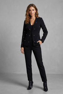 Pearls Trim Lapel-Less Black Blazer