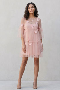 Pink Flower Crochet Netted Shift Dress