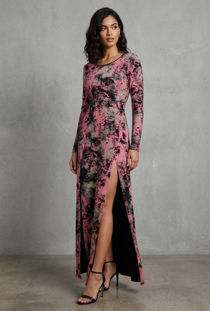 Coral Laser Print Long Sleeved Front Slits Maxi Dress