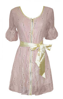 Pink Lace Puff Sleeved Ribbon Tie Dress
