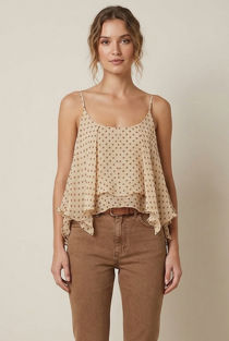 Beige Polka Dot Chiffon Layered Swing Cami