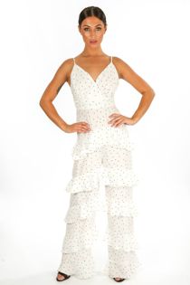 Polka Dot Chiffon Frill Jumpsuit In White