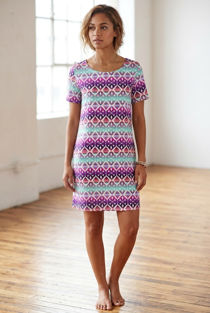 Turquoise Purple White Diamond Print Back Zip Up Shift Dress