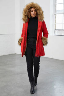 Hooded Parka With Chunky Faux Fur Cuff In Red