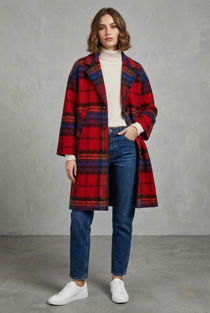 Red Tartan Check Wool Blend Coat