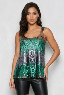 Green Contrast Sequin Crop Top