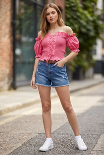 Fuchsia Shirred Lace Up Bardot Top