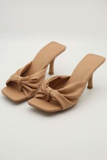 Beige PU Knot Toe Thong Low Heeled Mules