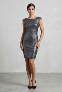 Gunmetal Grey Cap Sleeve Sequin Pencil Dress