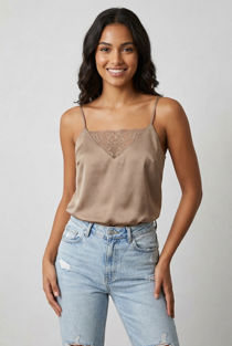 Taupe Floral Lace Textured Satin Cami