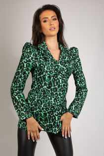 Green Leopard Print Blazer With Exaggerated Shoulder