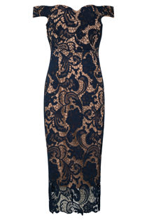 Navy Crochet Sweetheart Neckline Midi Dress