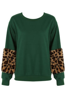 Green Leopard Fur Patched Sleeves Sweatshirt