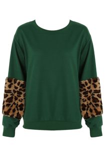 Green Leopard Fur Patched Sleeve Sweatshirt 