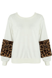 white Leopard Fur Patched Sleeves Sweatshirt