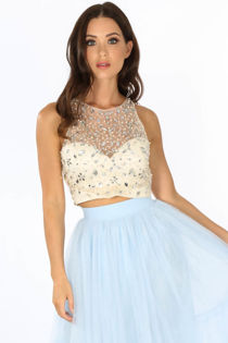 Embellished Bustier Top With Mesh Overlay In Cream