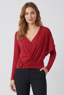 Wine Ribbed O Ring Shawl Overlap Blouse