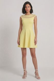 Yellow Block Colour Netted Side Zip Up Flared Dress