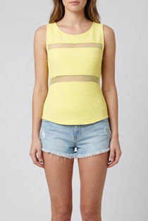 Yellow Textured Mesh Insert Sleeveless Shell Top