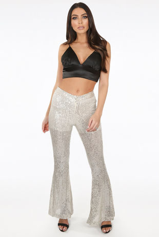 Beige Sequin Flared Trouser