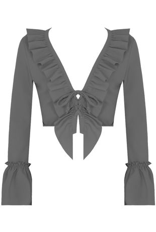 Ruffle Crepe Crop Top With Lace Up Front In Grey