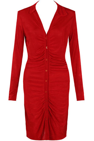 Red Gathered Button Up Shirt Dress