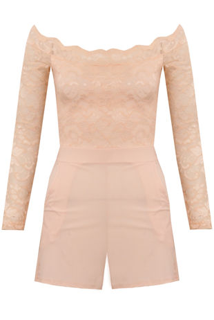 Lace Off The Shoulder Playsuit in Pink