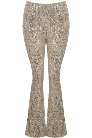 Beige Sequin High Waist Flare Trousers