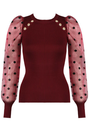 Burgundy Polka Dots Mesh Sleeves Ribbed Jumper