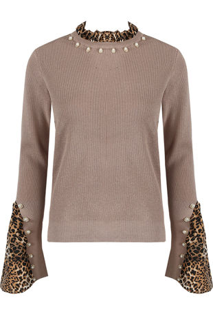 Taupe Pearl With Animal Print Ribbed Jumper