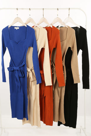 Fuchsia Ribbed Low Neck Belted Midi Dress