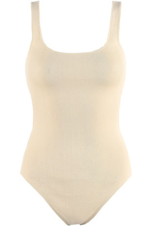 Beige Ribbed Thong Bodysuit