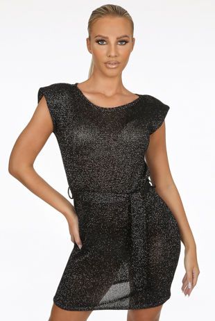 Black Metallic Round Neck Belted Mini Dress