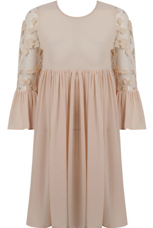 Pink Pleated Floral Net Bell Sleeve Flared Dress