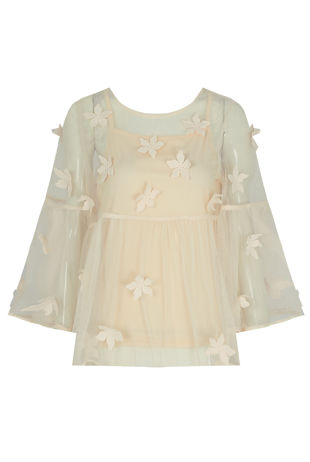 Cream Flower Crochet Netted Tops